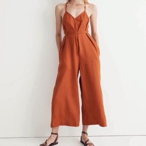 Madewell 100% Linen Tie Waist Wide-Leg Jumpsuit in Rusted Orange